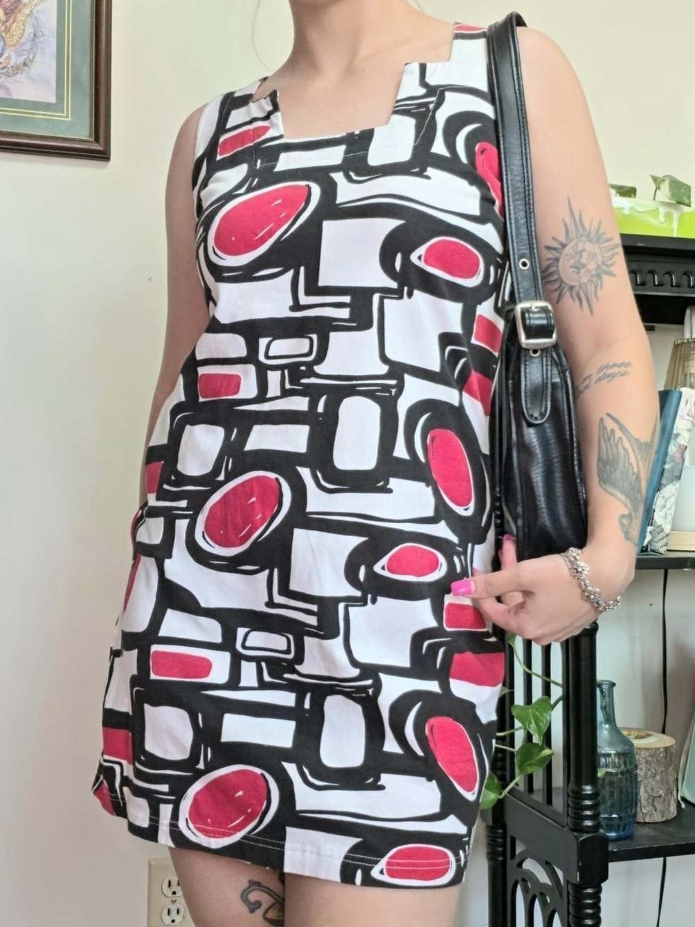 Vintage Geometric Print Dress White & Red Size S - Picture 3 of 6